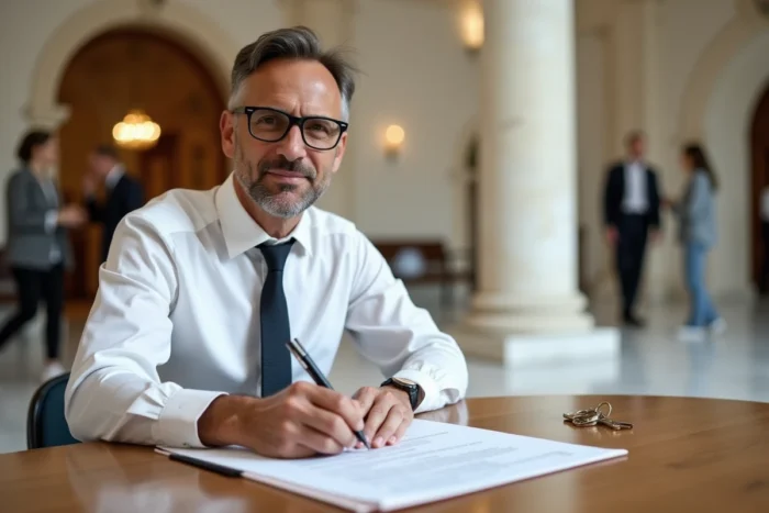 Homme signant un contrat de prêt immobilier dans un bâtiment officiel