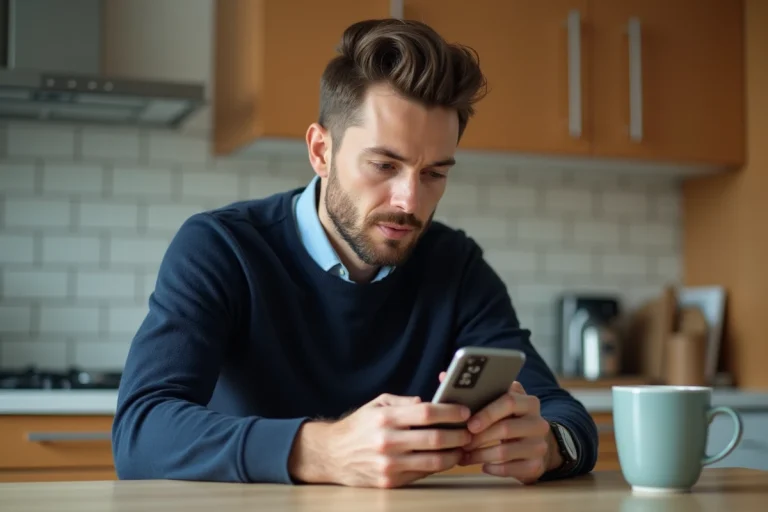 Homme en cuisine regardant son smartphone avec le numéro 33 806