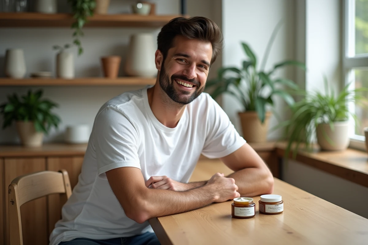 Homme testant deux cremes sur les mains dans un salon lumineux