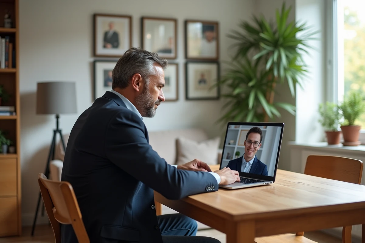Homme en visioconference avec un consultant web depuis chez lui