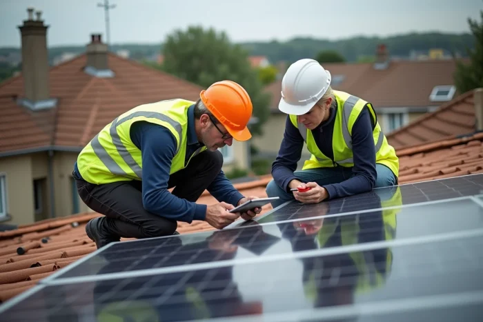 Deux techniciens inspectant une installation de panneaux solaires photovoltaïques sur un toit de maison individuelle lors d'une rénovation énergétique