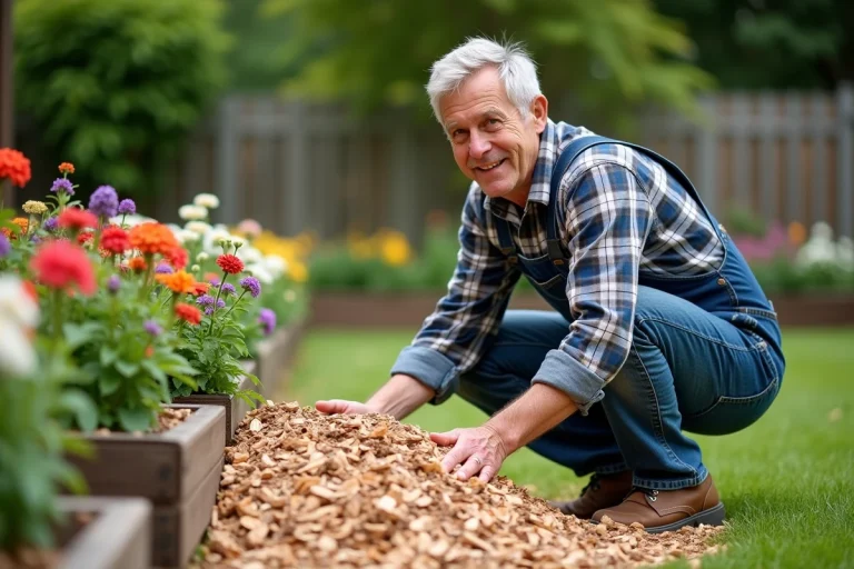Homme jardinier en denim mulchant des fleurs dans le jardin