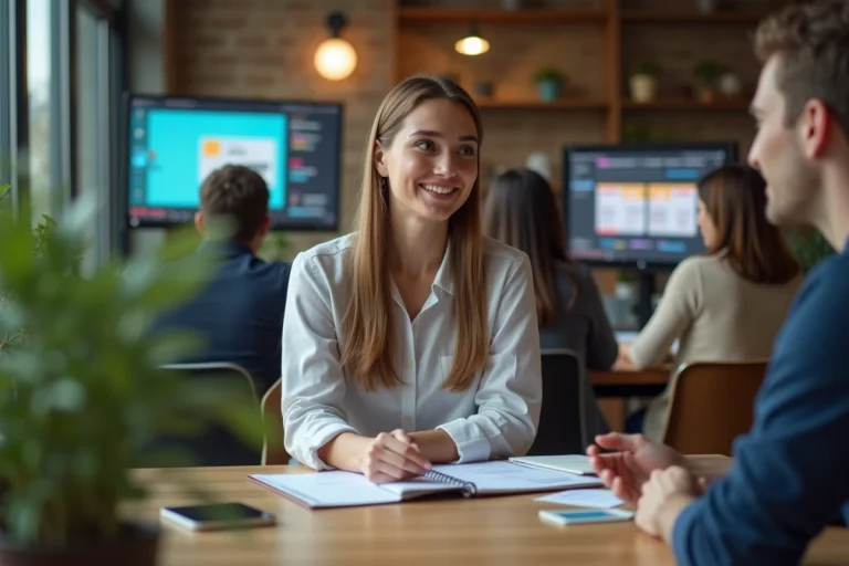 Jeune femme professionnelle en réunion d'équipe dans un bureau moderne