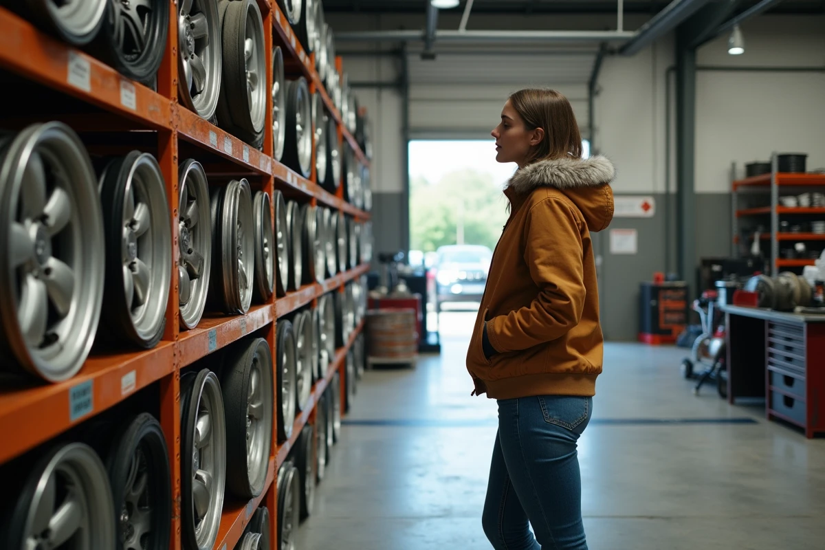 Jeune femme regardant des enjoliveurs colorés en magasin auto