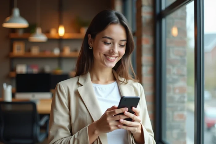 Jeune femme consultant sa messagerie EDF en ligne sur smartphone dans un espace de coworking