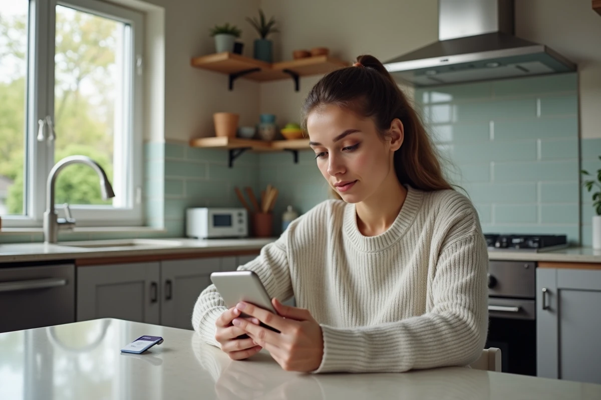 Jeune femme utilisant son smartphone à la cuisine