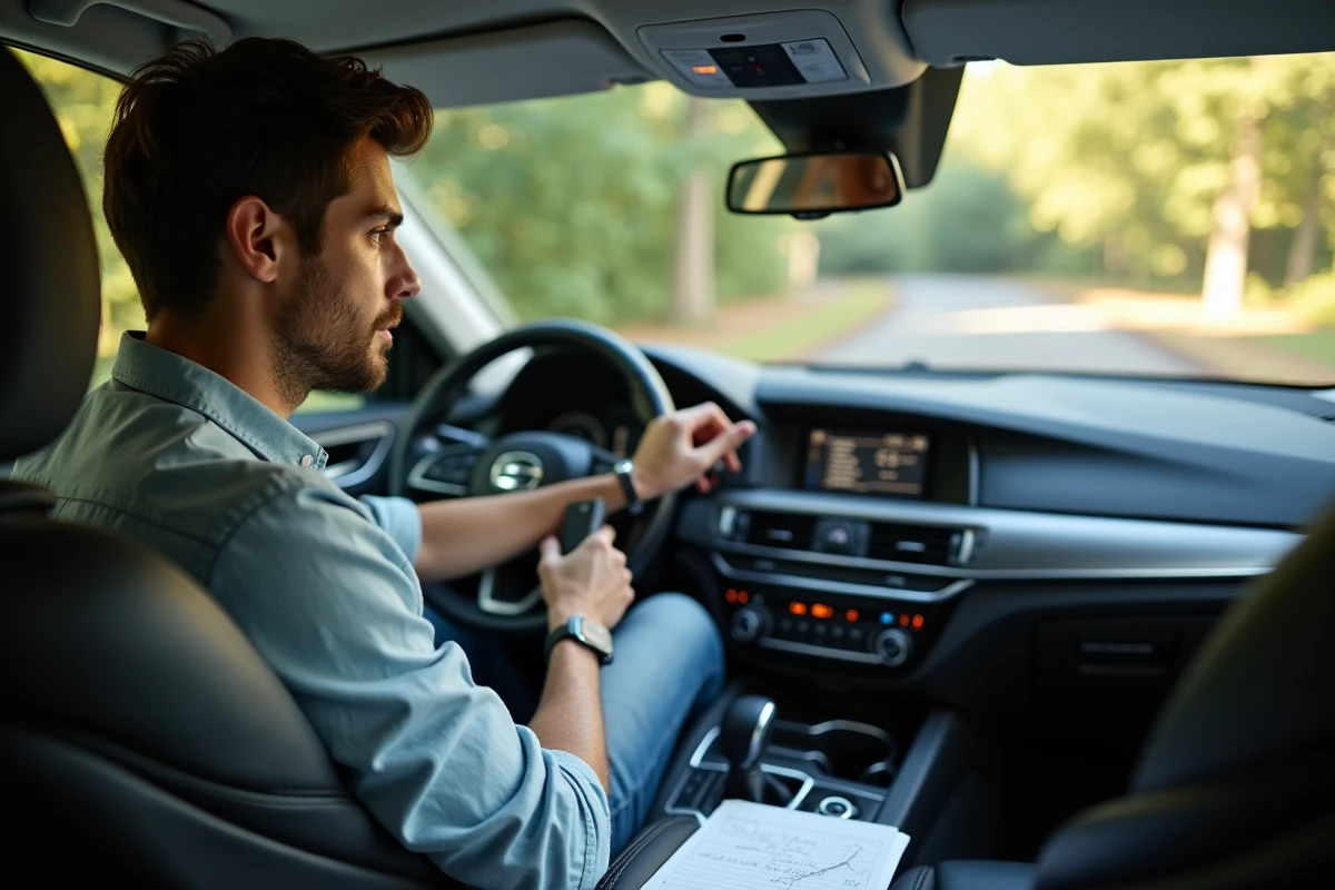 Jeune homme insérant USB dans une voiture moderne