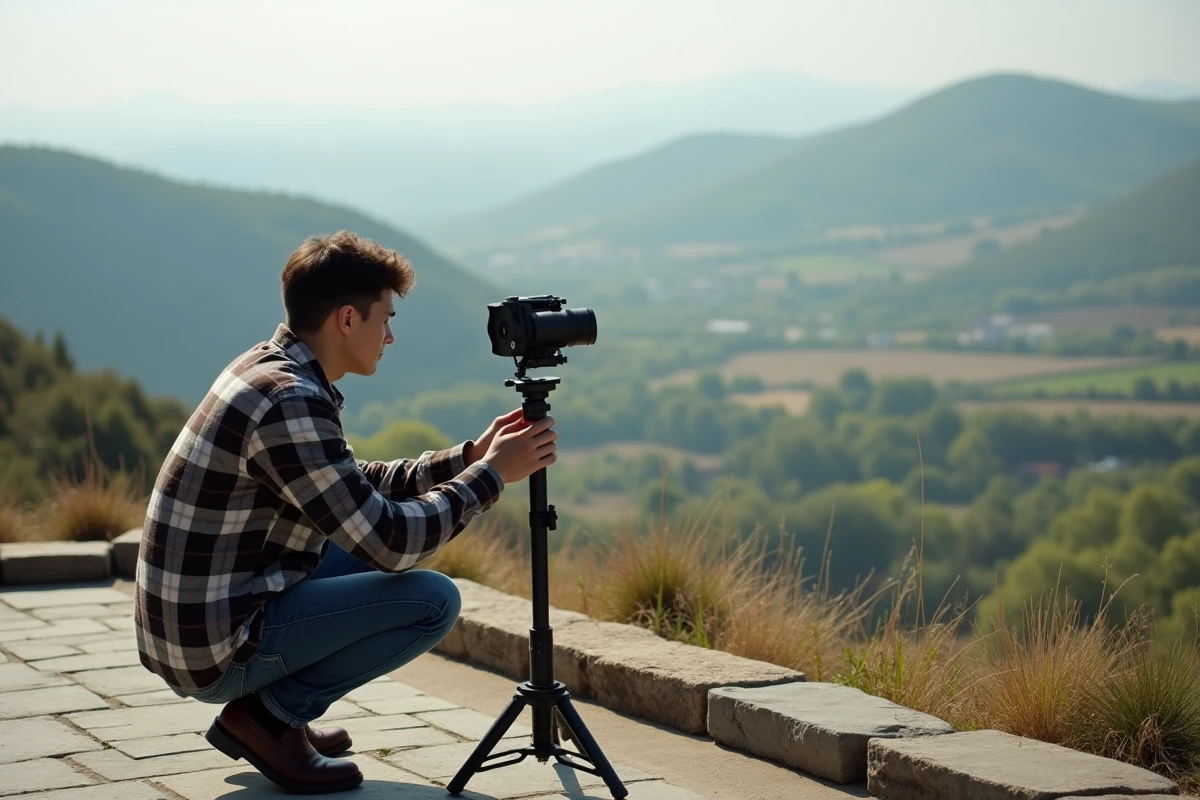 Jeune homme ajustant une webcam en plein air dans un paysage rural