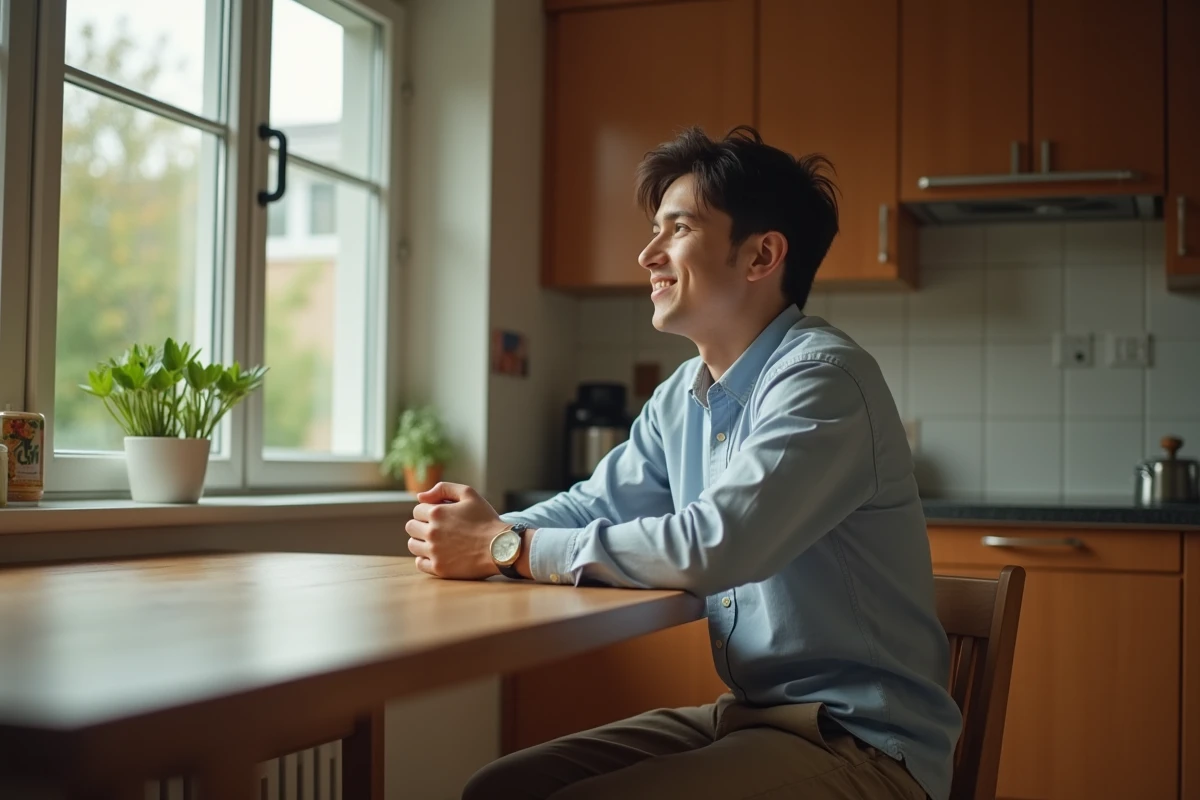 Jeune homme regardant par la fenêtre dans une cuisine chaleureuse