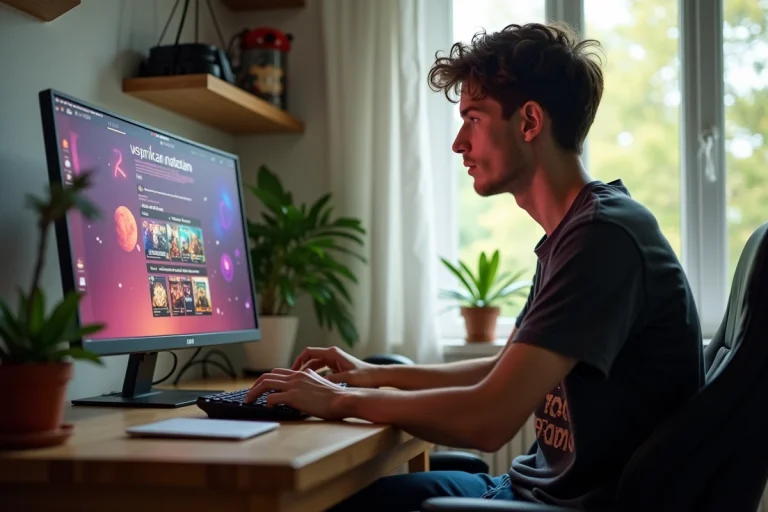 Jeune homme concentré devant un écran Dofus Retro à la maison