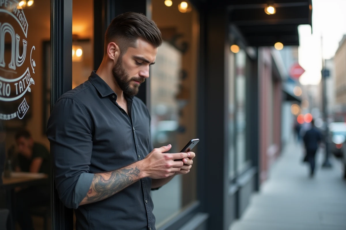 Homme vérifiant une estimation de tatouage sur son smartphone
