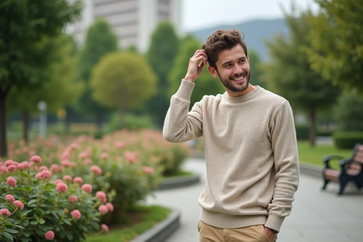 Jeune homme dans un parc urbain en tenue casual