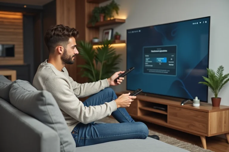 Jeune homme regardant une smart TV dans un salon moderne