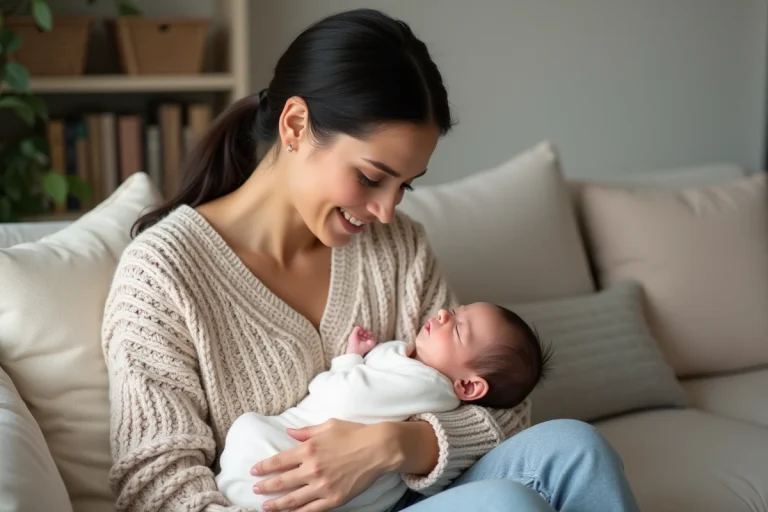 Maman sereine avec son bébé dans un salon moderne