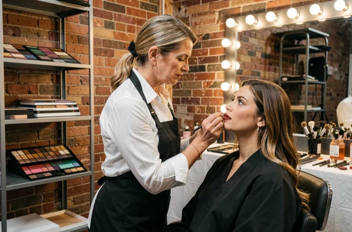 Maquilleuse professionnelle appliquant un rouge à lèvres terracotta tendance sur un mannequin dans un studio de maquillage backstage