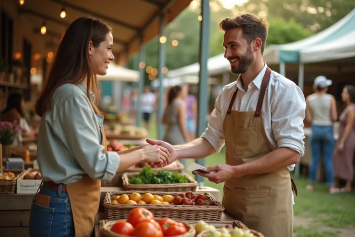 Échange entre une cliente et un producteur local dans un marché de plein air, symbole du commerce équitable et de l'économie de partage