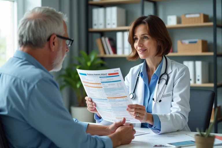 Medecin femme expliquant une ordonnance a un patient senior