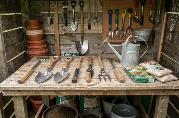 Collection d'outils de jardinage essentiels posés sur un établi en bois dans un abri de jardin