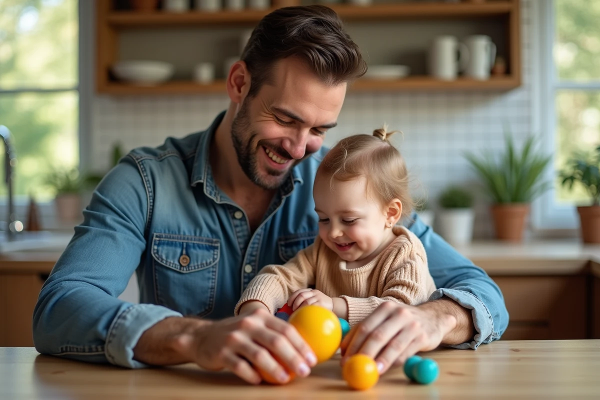 Père jouant avec sa fille dans une cuisine lumineuse