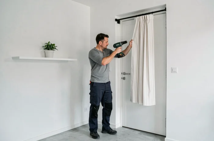 Homme fixant des supports de tringle à rideau avec une perceuse à côté d'une porte d'entrée dans un appartement de style scandinave