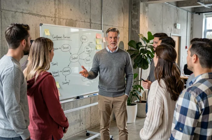 Homme en pull gris présentant une stratégie de carrière à des collègues dans un espace de coworking moderne