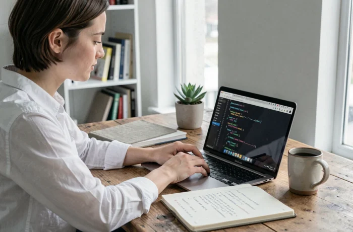 Programmeuse travaillant depuis chez elle avec un assistant IA pour optimiser et refactoriser son code sur ordinateur portable