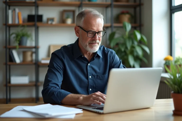 Proprietaire de location travaillant sur son ordinateur dans un bureau moderne