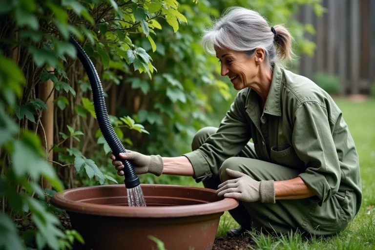 Femme jardiniére récupérant l'eau de pluie grâce à une bâche tendue entre des arbres et un pot en terre cuite dans un jardin verdoyant