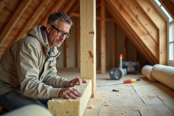 Artisan installant des panneaux d'isolation thermique en laine minérale dans les combles d'une maison lors d'une rénovation énergétique