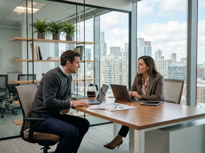 Consultant et freelance en discussion sur les conditions du portage salarial dans un bureau moderne