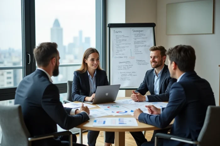 Réunion d'équipe professionnelle autour d'une table de conférence avec vue sur la ville, actualités business 2024