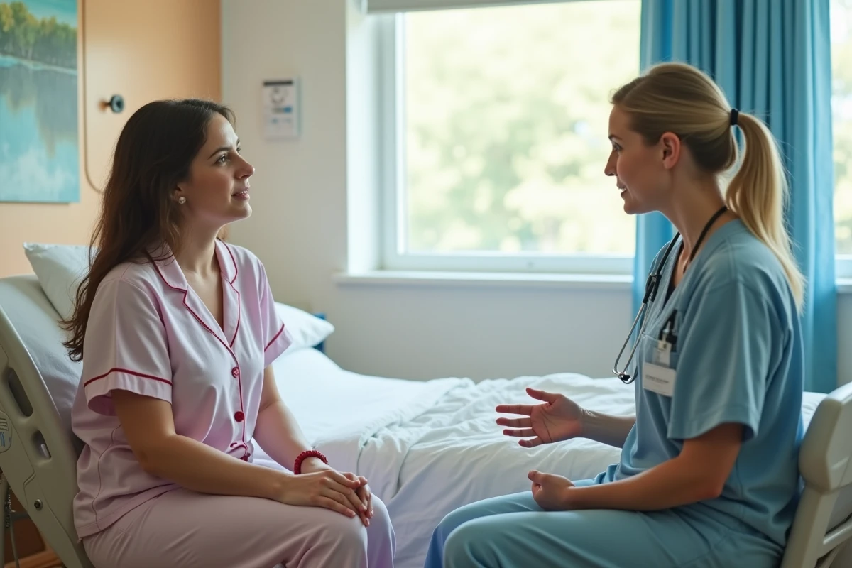 Discussion entre femme et professionnelle de santé dans une salle d