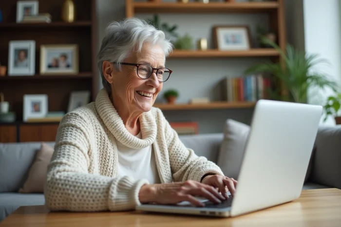 Femme senior souriante utilisant un ordinateur portable à la maison