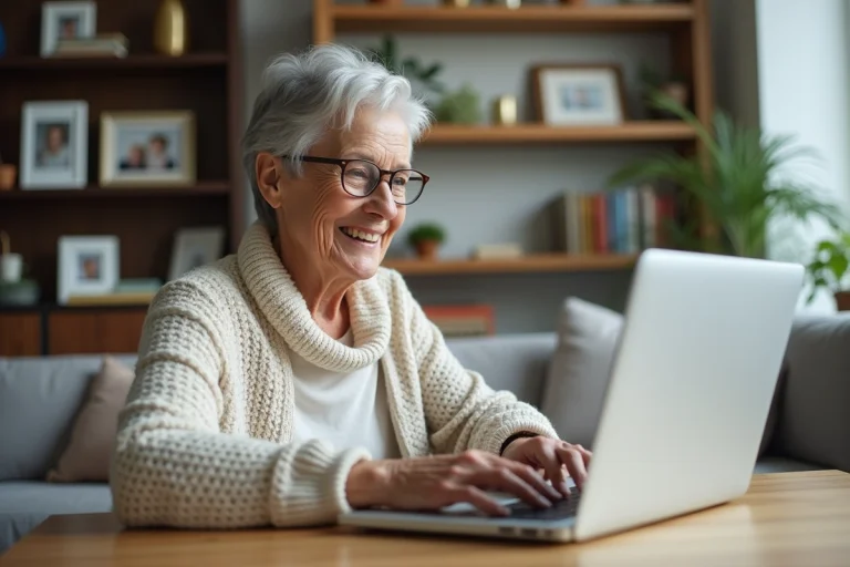 Femme senior souriante utilisant un ordinateur portable à la maison