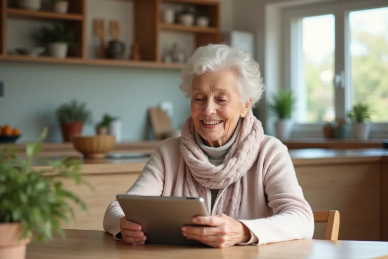 Femme âgée utilisant une tablette pour un appel vidéo dans la cuisine