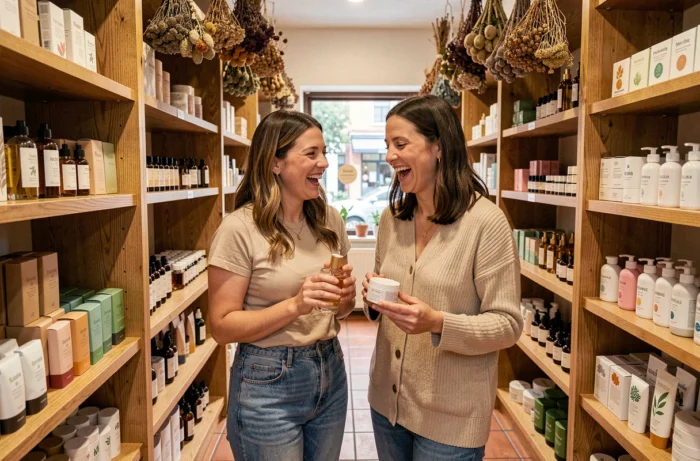 Deux femmes découvrant les dernières tendances beauté et soins naturels dans une boutique indépendante au décor élégant