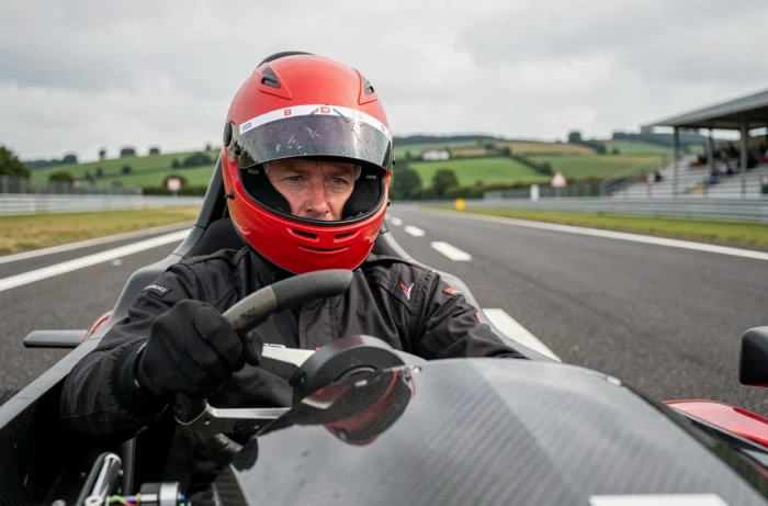 Pilote en combinaison de course au volant d'un bolide sur le circuit de Lohéac en Bretagne lors d'un stage de pilotage