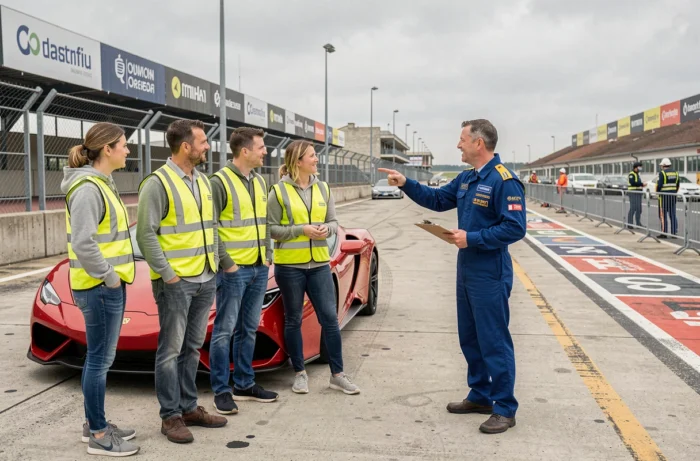 Groupe de participants écoutant un instructeur de pilotage dans les stands du circuit de Lohéac avant une session de conduite sportive