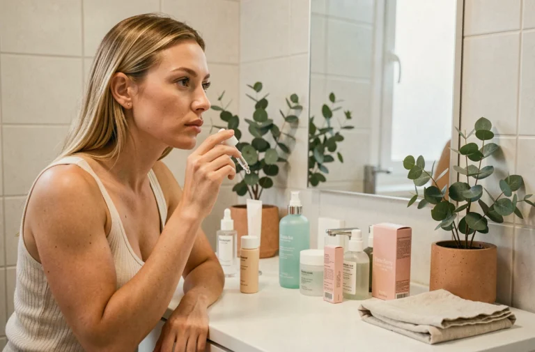 Femme appliquant un sérum sur sa peau dans une salle de bain minimaliste scandinave, entourée de produits de beauté tendance