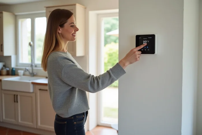 Femme consultant un thermostat connecté intelligent dans une cuisine rénovée dans le cadre d'une démarche d'économie d'énergie à domicile