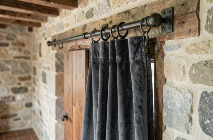 Gros plan sur une tringle en fer forgé avec anneaux et rideau en velours gris charbon installé devant une porte en bois de maison de campagne