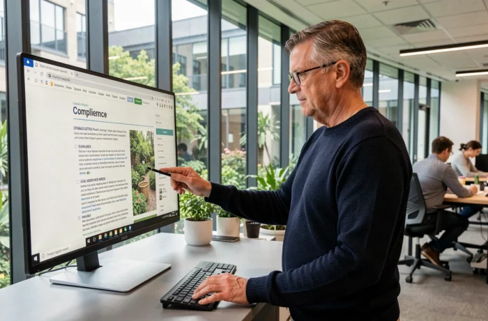 Homme vérifiant les mentions légales et la conformité d'un site de vente de plantes en ligne dans un bureau moderne