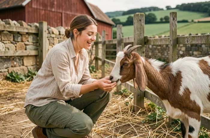 Jeune femme nourrissant une chèvre dans une ferme pédagogique du Bocage Cénomans, ambiance rurale authentique