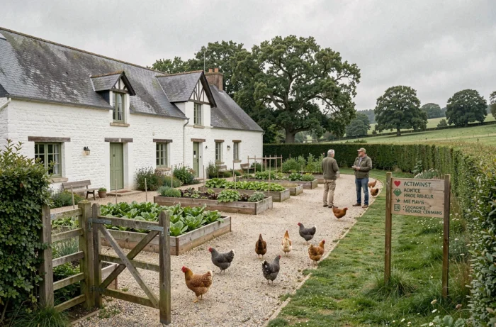 Vue extérieure d'une ferme pédagogique traditionnelle du Bocage Cénomans avec potager, poules et bâtiments en pierre